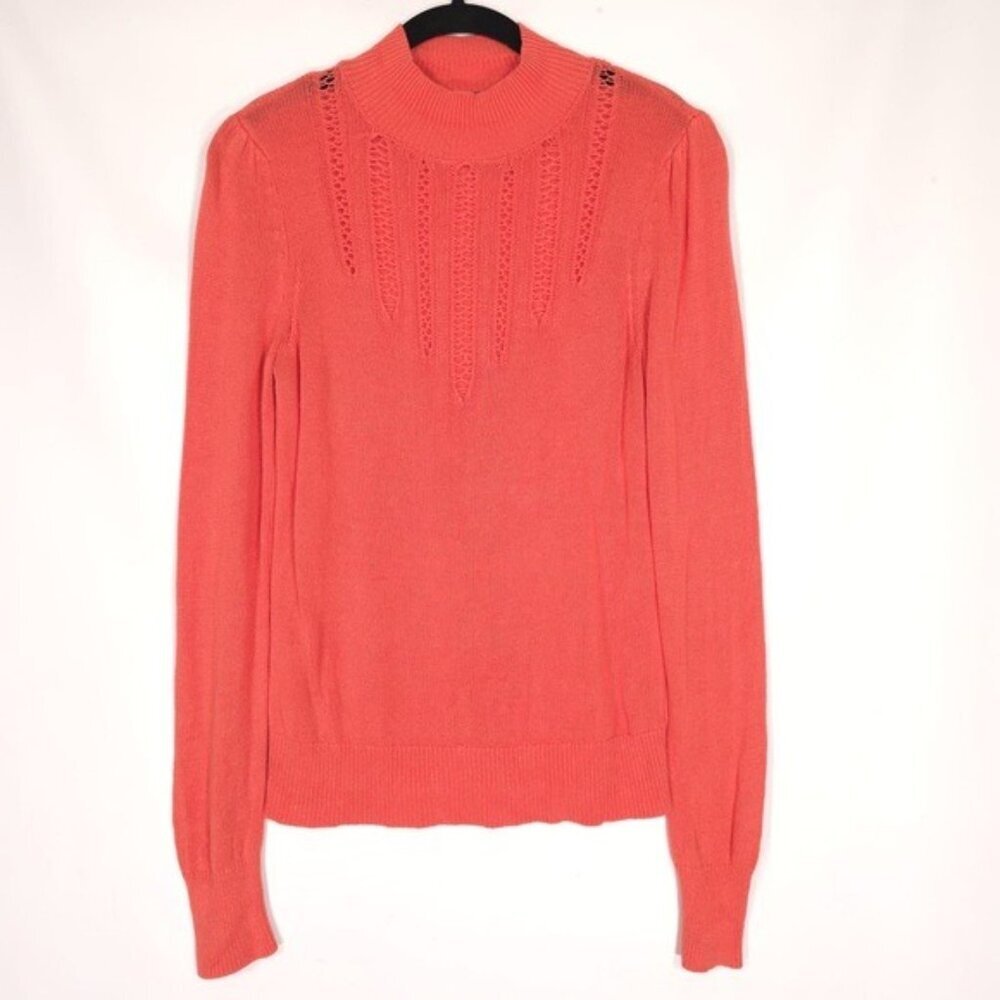 Free‎ People Women’s LINEN Blend Knit Top Sweater Orange Crochet Mock Neck S/P